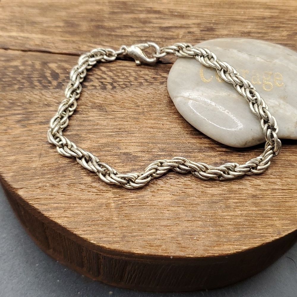 Silver tone braided rope chain bracelet estate B3133‎
